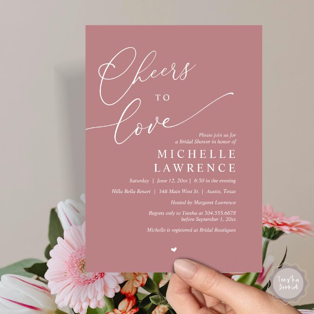 Convite Anima-te a amar, Partido Romântico do Chá de panel (Cheers to love, Romantic Bridal Shower Party Invitation Card, PDF, in Dusty Rose Pink)
