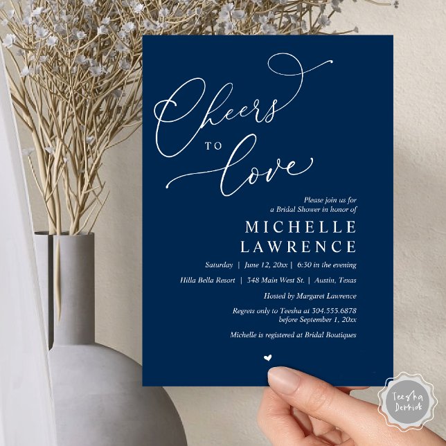 Convite Anima-te a amar, Partido Romântico do Chá de panel (Cheers to love, Romantic Bridal Shower Party Invitation Card, PDF, in Navy Blue)