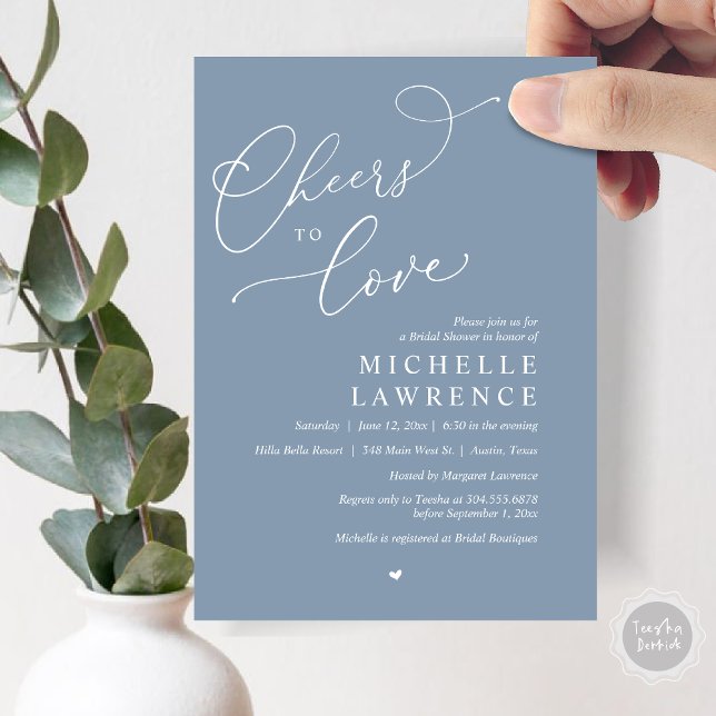 Convite Anima-te a amar, Partido Romântico do Chá de panel (Cheers to love, Romantic Bridal Shower Party Invitation Card, PDF, in Dusty Blue)