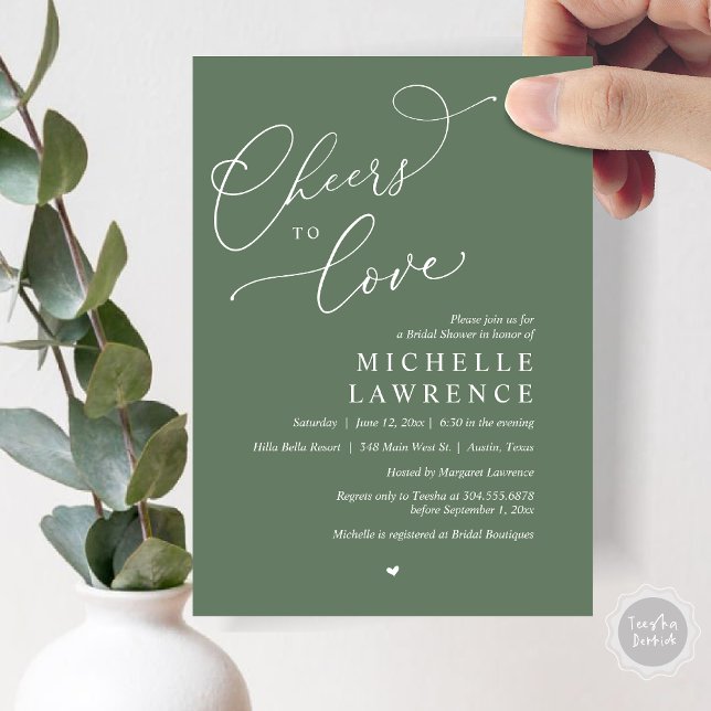Convite Anima-te a amar, Partido Romântico do Chá de panel (Cheers to love, Romantic Bridal Shower Party Invitation Card, PDF, in Forest Sage Green)