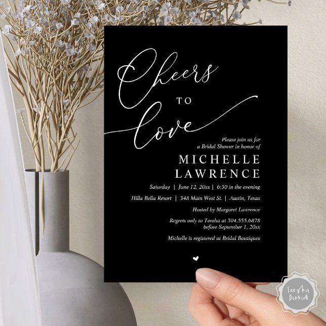 Convite Anima-te a amar, Partido Romântico do Chá de panel (Cheers to love, Romantic Bridal Shower Party Invitation Card, PDF, in Classy Black)