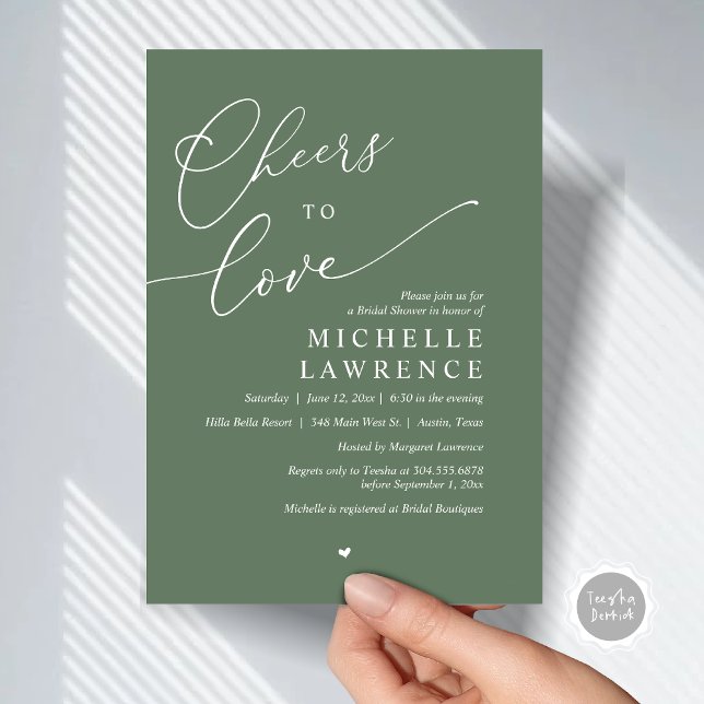 Convite Anima-te a amar, Partido Romântico do Chá de panel (Cheers to love, Romantic Bridal Shower Party Invitation Card, PDF, in Forest Sage Green)