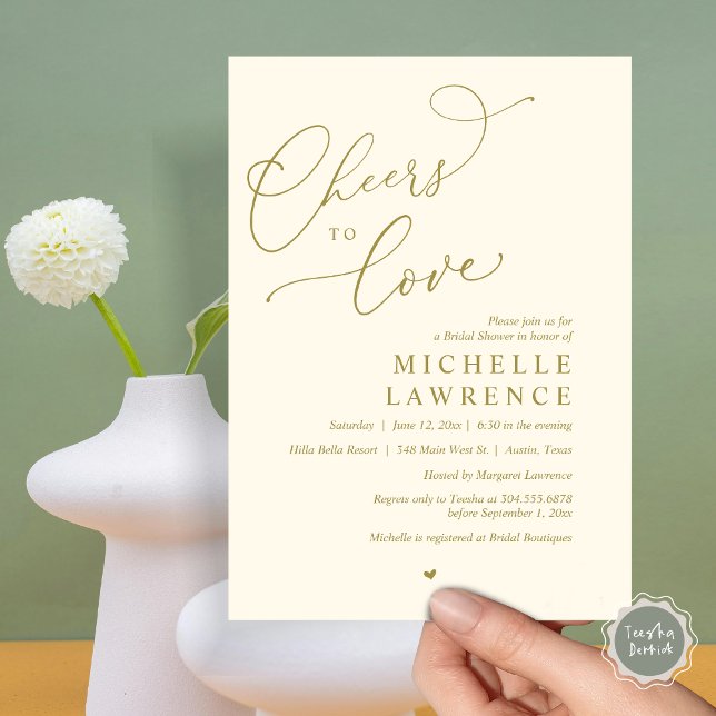 Convite Anima-te a amar, Partido Romântico do Chá de panel (Cheers to love, Romantic Bridal Shower Party Invitation Card, PDF, in Retro Yellow Gold)