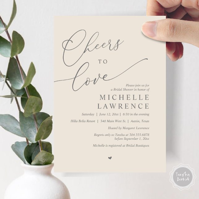 Convite Anima-te a amar, Partido Romântico do Chá de panel (Cheers to love, Romantic Bridal Shower Party Invitation Card, PDF, in Dark Grey Cream)