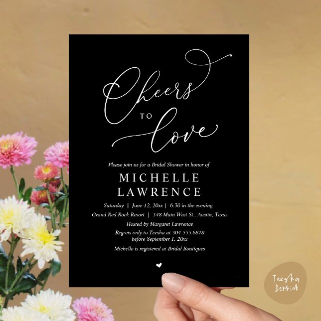 Convite Anima-te a amar, Partido Romântico do Chá de panel (Cheers to love, Romantic Bridal Shower Party Dinner Wine Cocktail Invitation Card, PDF, Black White)