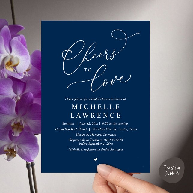 Convite Anima-te a amar, Partido Romântico do Chá de panel (Cheers to love, Romantic Bridal Shower Party Dinner Wine Cocktail Invitation Card, PDF, Navy Blue)