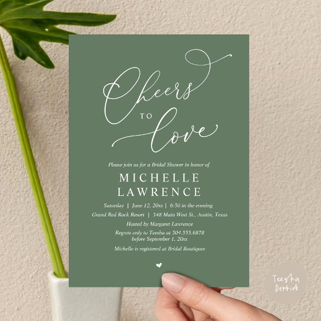 Convite Anima-te a amar, Partido Romântico do Chá de panel (Cheers to love, Romantic Bridal Shower Party Dinner Wine Cocktail Invitation Card, PDF Greenery Sage)