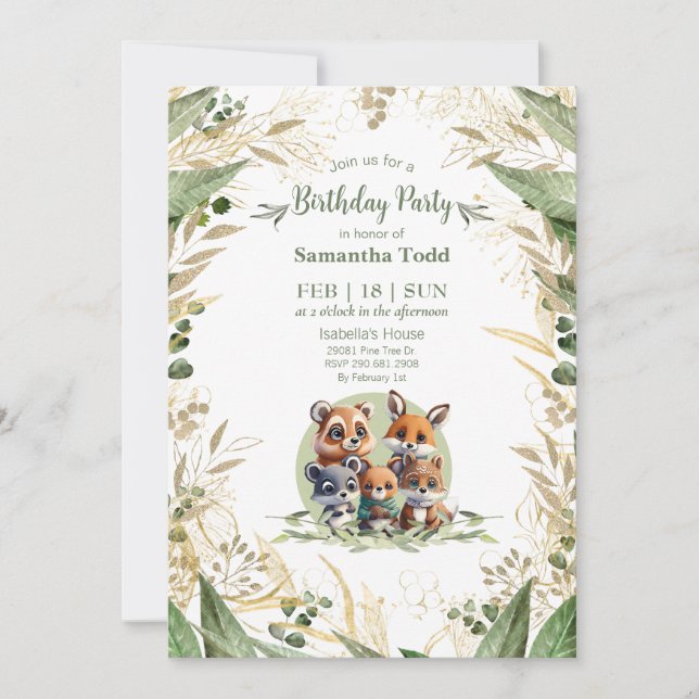Convite Animais Amigáveis da Floresta de Aniversário (Frente)