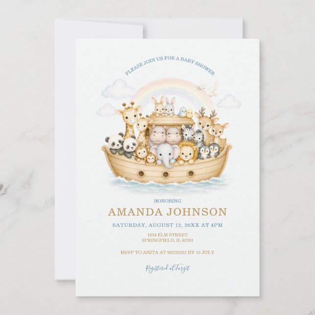 Convite Animais Arco-íris Aquarela Arca de Noé (Frente)