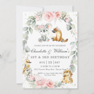 Convite Animais Australianos Floral Rosa Sage Aniversário