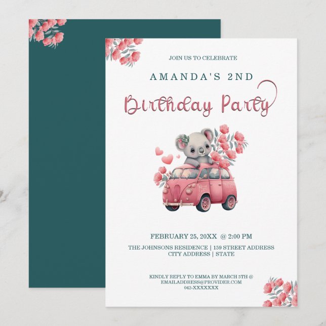 Convite Animais Australianos Koala Blue BIRTHDAY (Frente/Verso)