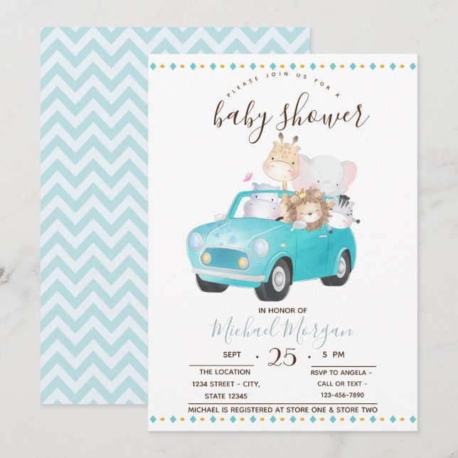 Convite Animais Bebês Fofos de Carro,Festa de Bebê em Zigz (Frente/Verso)