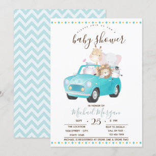 Convite Animais Bebês Fofos de Carro,Festa de Bebê em Zigz