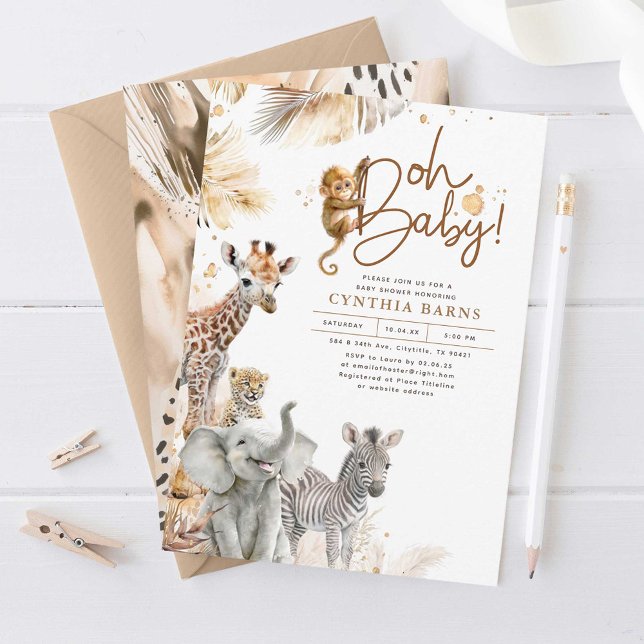 Convite Animais Bebês Selva Safari Chá de fraldas selvagem (Safari Animals Light Brown Baby Shower Invitations)