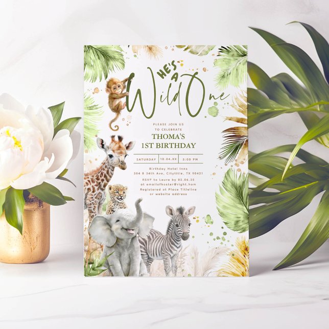 Convite Animais Bebês Selva Safari Selvagem Um primeiro an (Safari Animals Wild One 1st Birthday Invitations)
