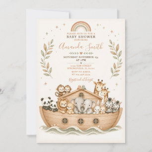 Convite Animais Beige em Aquarela Chuvada de Bebê Arca de
