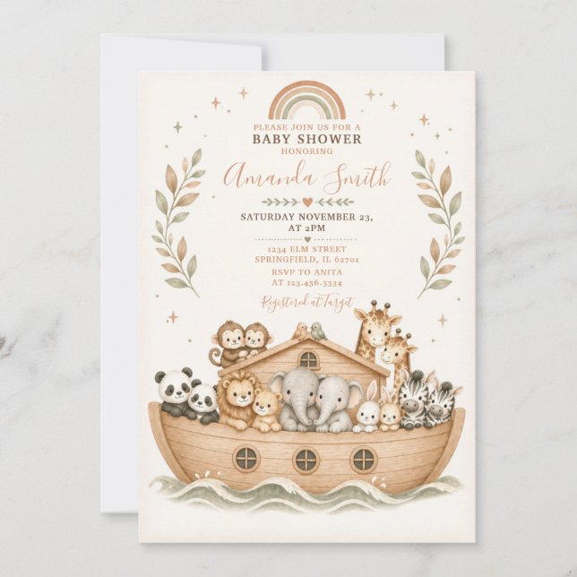 Convite Animais Beige em Aquarela Chuvada de Bebê Arca de  (Frente)