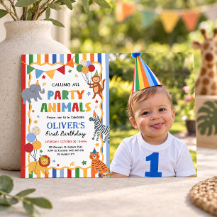 Convite Animais Coloridos da Festa do Menino de 1º Anivers