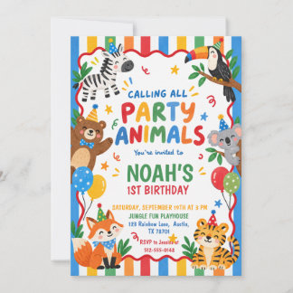 Convite Animais Coloridos de Festa de 1º Aniversário