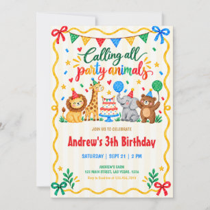 Convite Animais Coloridos de Festas de Aniversário em Aqua