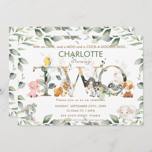 Convite Animais da exploração culinária, segundo aniversár (Frente/Verso)