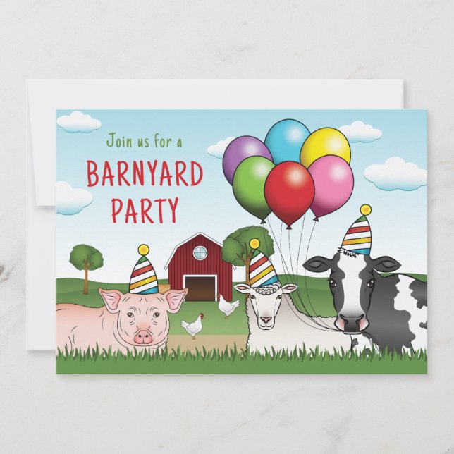 Convite Animais da Fazenda Balões e Chapéus de Aniversário (Frente)