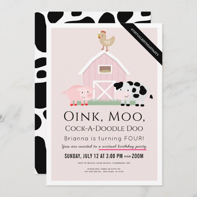 Convite Animais da Fazenda Barnyard Pink Girl Virtual Bird (Frente/Verso)