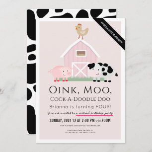 Convite Animais da Fazenda Barnyard Pink Girl Virtual Bird