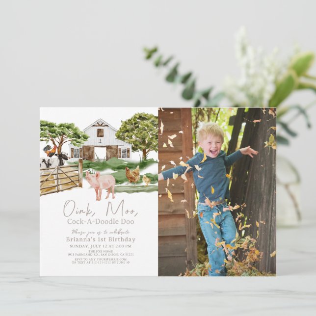 Convite Animais da Fazenda Barnyard Watercolor Foto de Ani (Em pé/Frente)