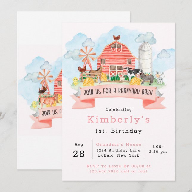 Convite Animais da Fazenda Bash de Barnyard 1rua. Festa de (Frente/Verso)