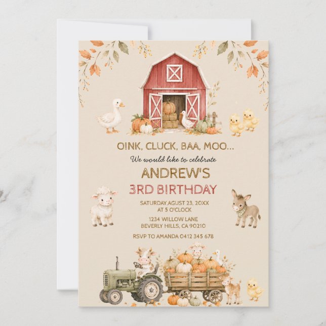 Convite Animais da Fazenda de Outono 3º Aniversário (Frente)