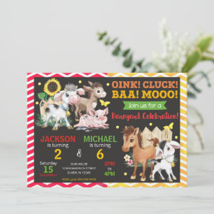 Convite Animais da Fazenda Festa de Aniversário Conjunta Q
