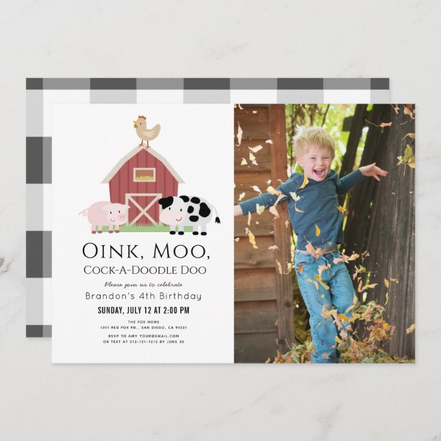 Convite Animais da Fazenda Galeria Branca Foto: Aniversári (Frente/Verso)