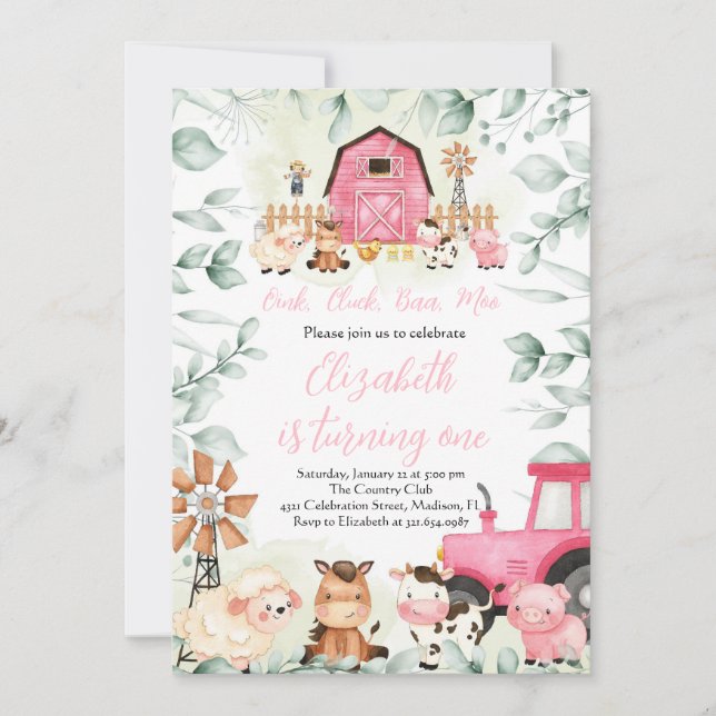 Convite Animais da Fazenda Greenerescente Garota Rosa do B (Frente)