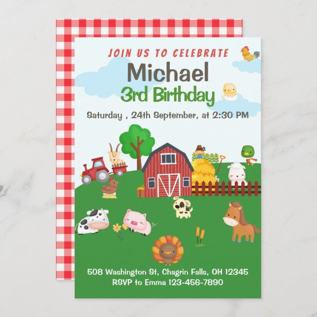 Convite Animais da Fazenda Red Gingham Barnyard Birthday (Frente/Verso)