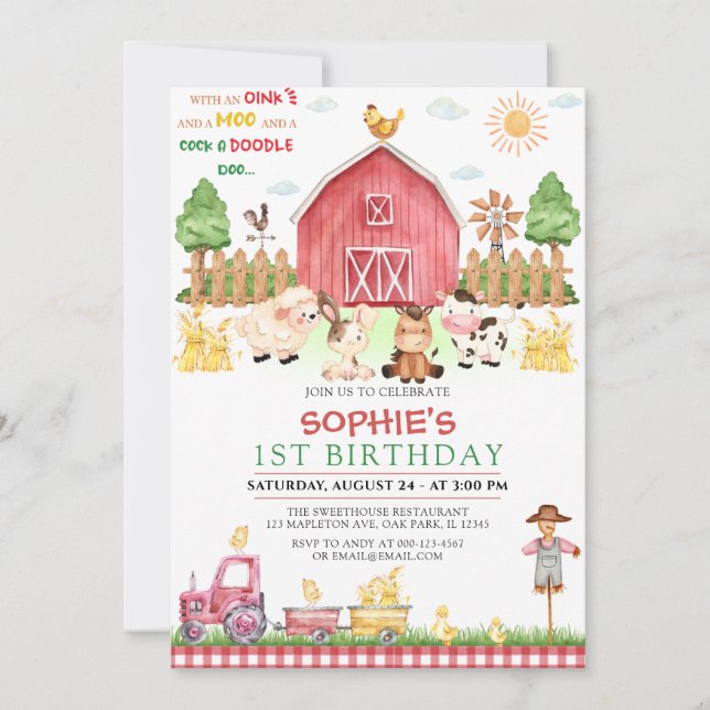 Convite Animais da Fazenda Red Gingham Barnyard Birthday (Frente)