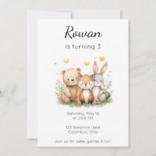 Convite Animais da Floresta Aniversário Urso Raposa Coelho