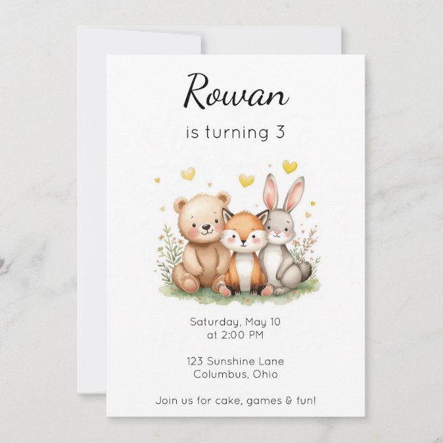Convite Animais da Floresta Aniversário Urso Raposa Coelho (Frente)