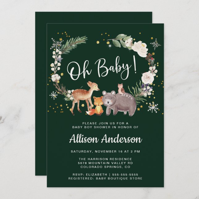 Convite Animais da Floresta Aquarela Chá de fraldas de inv (Frente/Verso)