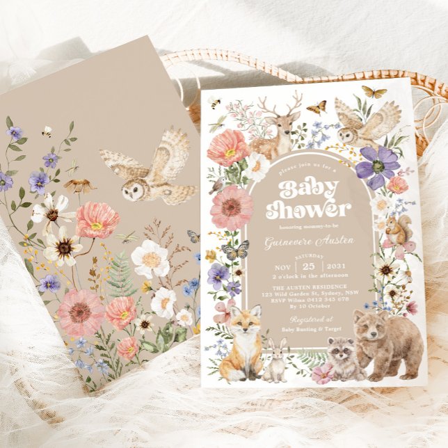 Convite Animais da Floresta Boho Festa de Bebê com Flores  (Criador carregado)