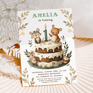 Convite Animais da Floresta Boho Primeiro Aniversário da C