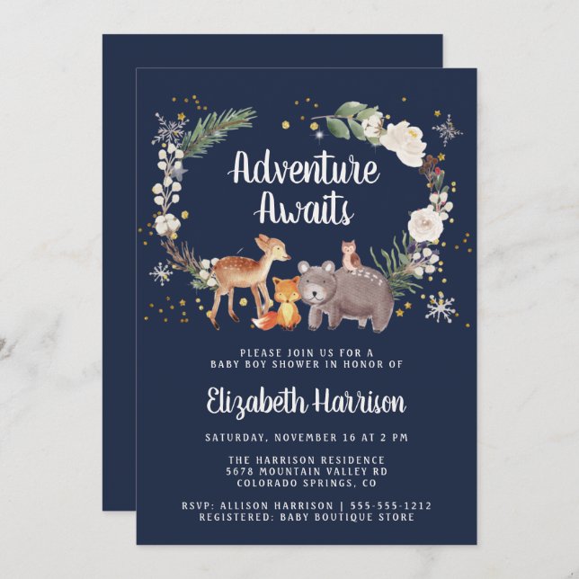 Convite Animais da Floresta Chá de fraldas Azul de inverno (Frente/Verso)