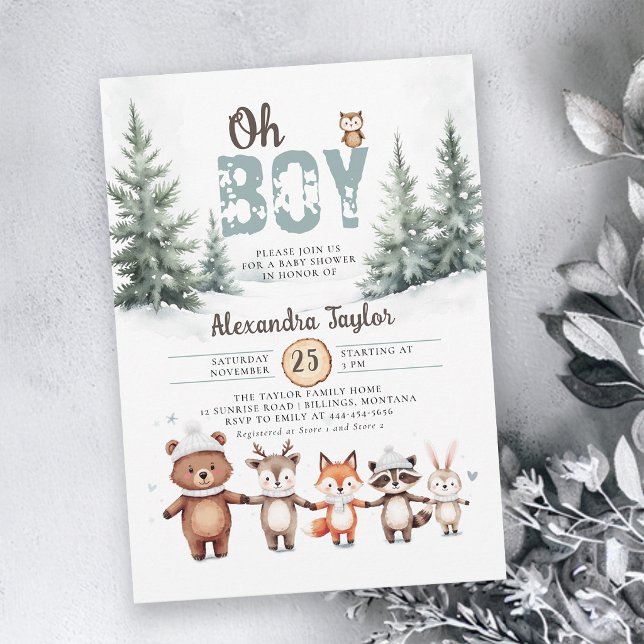 Convite Animais da Floresta Chuvada de Inverno Menino Bebê (oh boy winter baby shower invitations woodland animals cute characters bear fox raccoon deer)