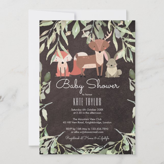 Convite Animais da Floresta Chuveiro de Bebê Quadro Negro (Frente)