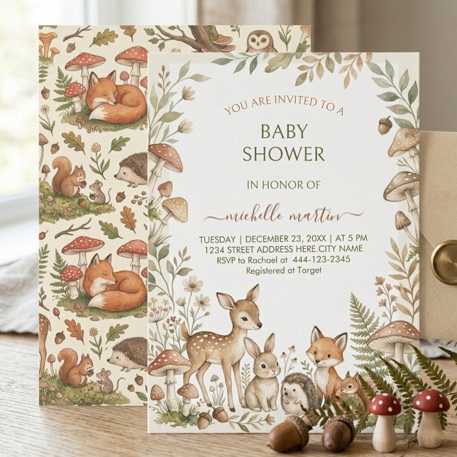 Convite Animais da Floresta & Cogumelos Chuvada de Bebê Fl (Criador carregado)
