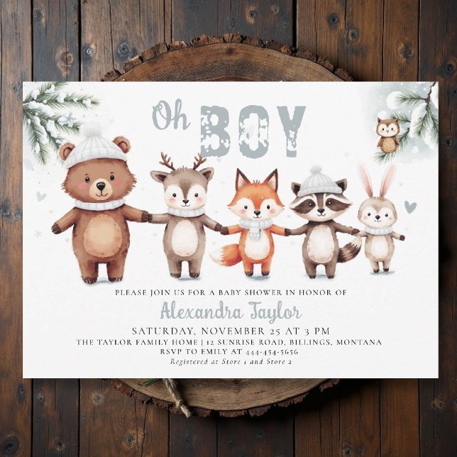 Convite Animais da Floresta Cólvora Chá de fraldas de inve (winter baby shower invitation oh boy cute woodland animals watercolor snow cold pine watercolor)