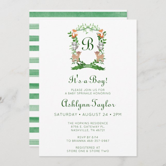 Convite Animais da Floresta Crest É Um Garoto Bebê Sprinkl (Frente/Verso)