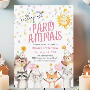 Convite Animais da Floresta da Festa Rosa com Chapéus de F