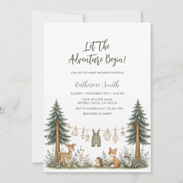 Convite Animais da Floresta de Aventura Chá de Bebê (Frente)