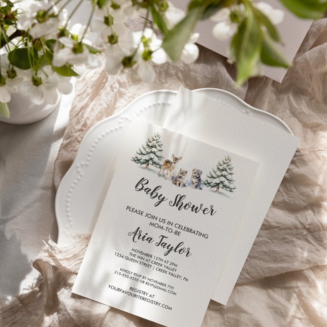 Convite Animais da Floresta de inverno|Chá de fraldas bran (Criador carregado)